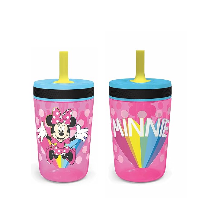 Zak Designs Disney Kelso Tumbler 15 oz Set (Minnie Mouse) Leak-Proof Screw-On Lid with Straw, Made of Durable Plastic and Silicone, Perfect Bundle for Kids