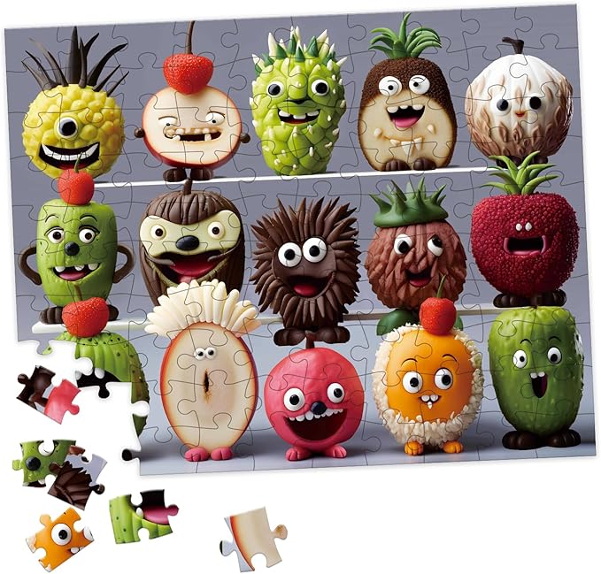 100 Piece Large Piece Donuts Jigsaw Puzzle for Kids Teens Age 4-8 Gift Family Game Unique Shapes Cute Monsters Puzzle (Happy Fruits)