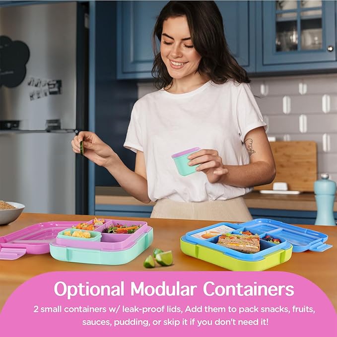 Caperci Bento Box for Kids - Large 4.8 Cups Lunch Box with Two Modular Containers - 4 Compartments, Leak-Proof, Portable Handle, Microwave/Dishwasher Safe, BPA-Free (Orchid/Light Cyan)