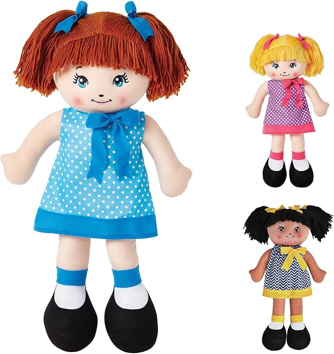 LOVE & HUG 17" Huggable Soft Doll | Stuffed Plush Doll with Blue Dress and Soft Yarn Hair | Baby Doll Toy for Kids and Toddlers to Love and Hug