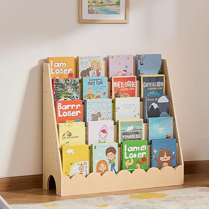 VEVOR 5-Tier Montessori Bookshelf, Scalloped Kids Bookcase, Wooden Book Shelf with 2 Dual Hooks, Daycare Furniture Display Bookshelf for Bedroom, Living Room, Entryway, Nursury, Preschool
