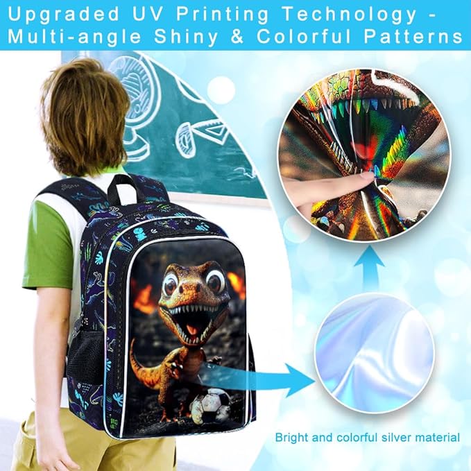 16" Dinosaur Backpack for Boy, 3Pcs Soccer Bookbag for Elementary Preschool Kindergarten, Kids School Backpacks with Lunch Box (Black)