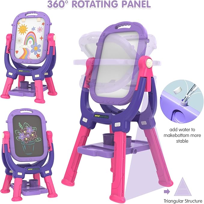 Easel for Kids, Toddler Art Easel Adjustable Standing, Magnetic Double Sided Easel with Painting Accessories Gift for Boys and Girls (Purple red)