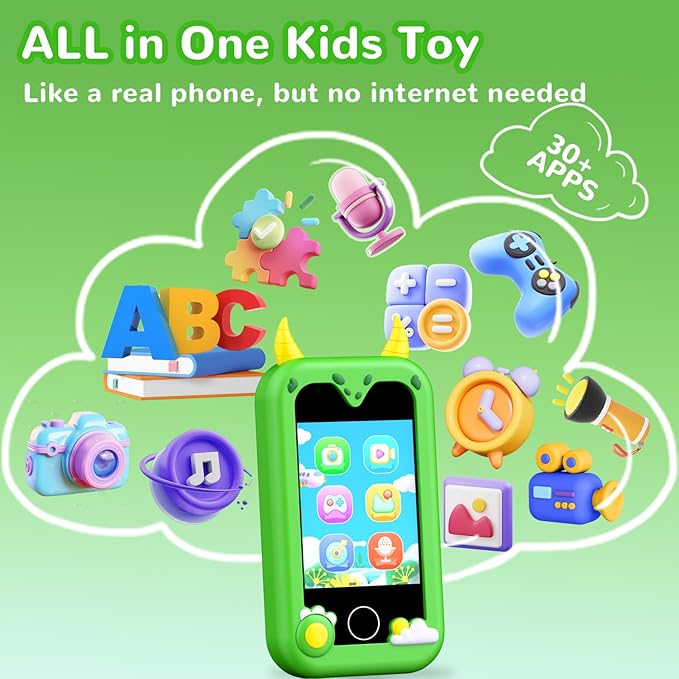 Kids Play Phone Toys, Smart Phone with Dual Camera - Christmas Birthday Gift for Kids Aged 3-12, Toddler Toys Pretend Phone with Music Player, Educational Learning Games with 32GB Memory Card, Green