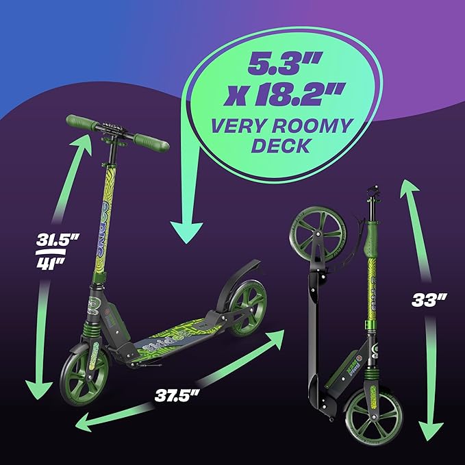 Skidee Adult & Teen Scooter Adjustable Height, Folding, Large Wheels, Lightweight, Durable, Anti-Shock Suspension, Up to 220 lbs