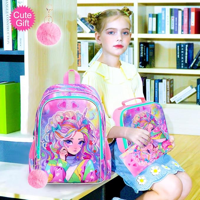 CCJPX 3PCS Backpack for Girls, 16" Unicorn Water Resistant Preschool Bookbag with Lunch Box, Kids Princess School Bags for Elementary Kindergarten Toddler