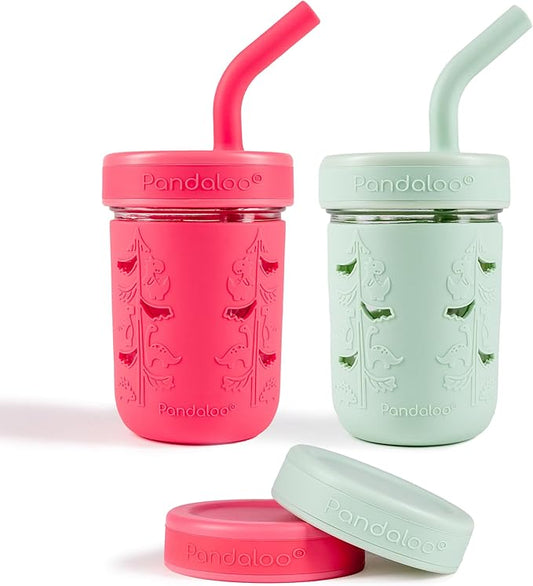 Pandaloo® Mason Jar Toddler Cup - 8 oz Spill-Proof Glass Tumbler with Silicone Straw and Lid, Non-Slip Sleeve, BPA-Free Toddler Snack Cups - Perfect Smoothie Cups with Lids and Straws for Kids