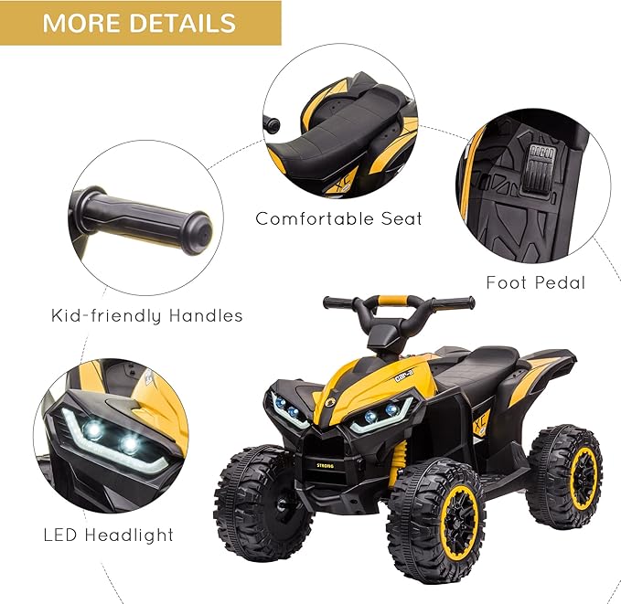 Aosom 12V Kids ATV Quad Car with Forward & Backward Function, Four Wheeler for Kids with Wear-Resistant Wheels, Music, Electric Ride-on ATV for Toddlers Ages 3+ Years Old, Yellow