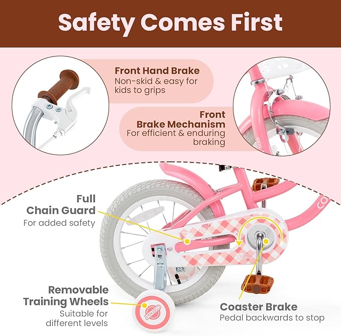 COSTWAY Kids Bike, 12 14 16 18 Inch Toddler Bike Children Bicycle w/Training Wheels, Hand & Coaster Brakes, Adjustable Saddle & Handlebar, Basket, Bell, Kids Bicycle for Girls Boys Aged 3-8 Years Old