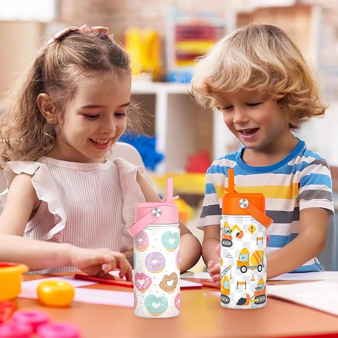 Donut Kids Water Bottle With Straw Lid 12oz Insulated Stainless Steel, Sprinkle Travel Tumbler, Gifts for Girls, Birthday, Christmas, Back To School