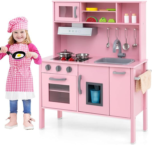 Costzon Kids Kitchen Playset, Wooden Pretend Toddler Kitchen Toy Set w/Sound, Microwave, Oven, Ice Maker, Range Hood, Stoves, Sink & 18 Accessories, Pink Play Kitchen for Girls Ages 3+