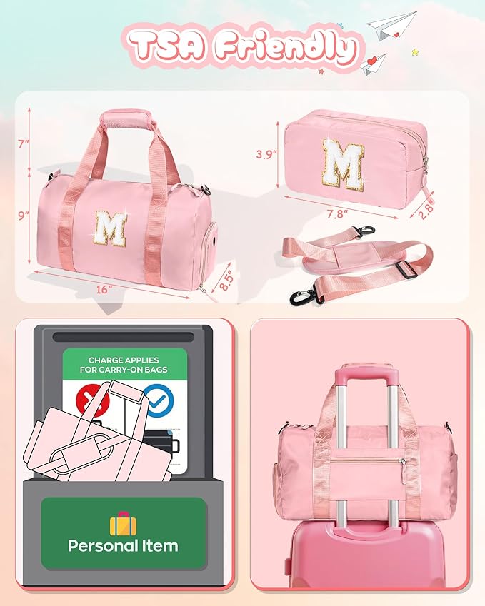 Gifts for 3 4 5 6 7 8 9 Year Old Girls-Girl Gym Bag with Shoe Compartment, Kid Weekender Overnight Bags, Initial Travel Tote with Makeup Pouch, 10 Year Old Girl Birthday Gifts Teen (Letter C)