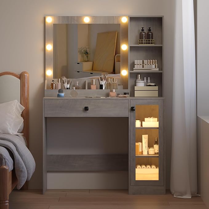 Small Vanity Desk with Mirror and Lights, Makeup Vanity Desk with Adjustable Brightness 3 Light Modes, RGB Storage Cabinet, Power Outlet, Drawer, Shelves (Driftwood Grace)