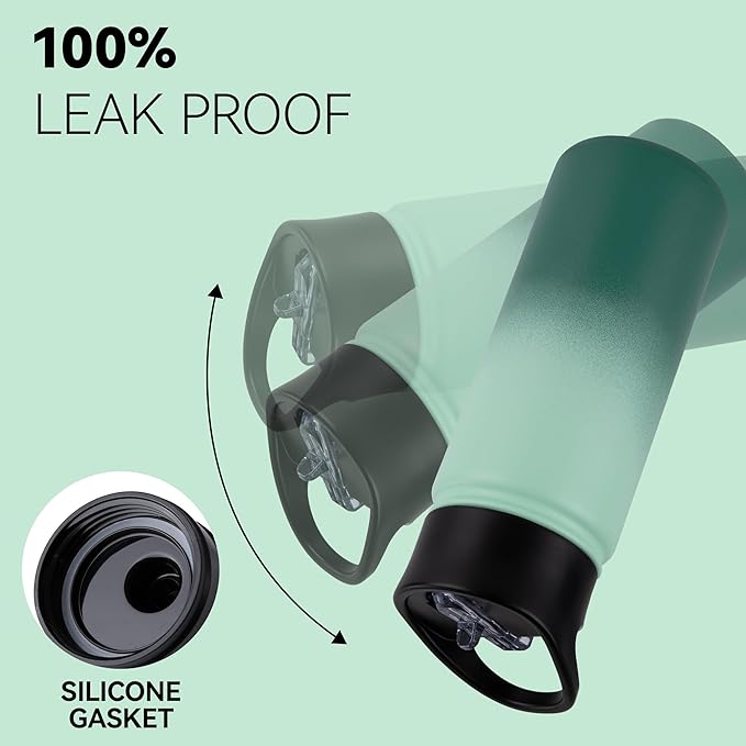 16 oz Insulated Water Bottle Bulk 8 Pack, Straw & Spout Lid, Keep Cold 24H, Spill Proof, BPA-Free, Double Wall, Stainless Steel Kids Water Bottles for School, Sports, Green Gradient