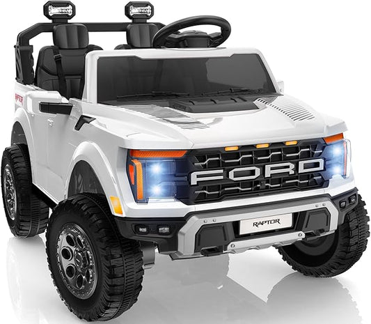 First Ride On 24V Kids Ride On Truck, Licensed Ford F-150 Raptor 2 Seater Electric Car w/Remote Control, Toddler Ride On Car Toys w/LED Lights, Bluetooth, Music, Truck Bed Storage, Soft Start (White)