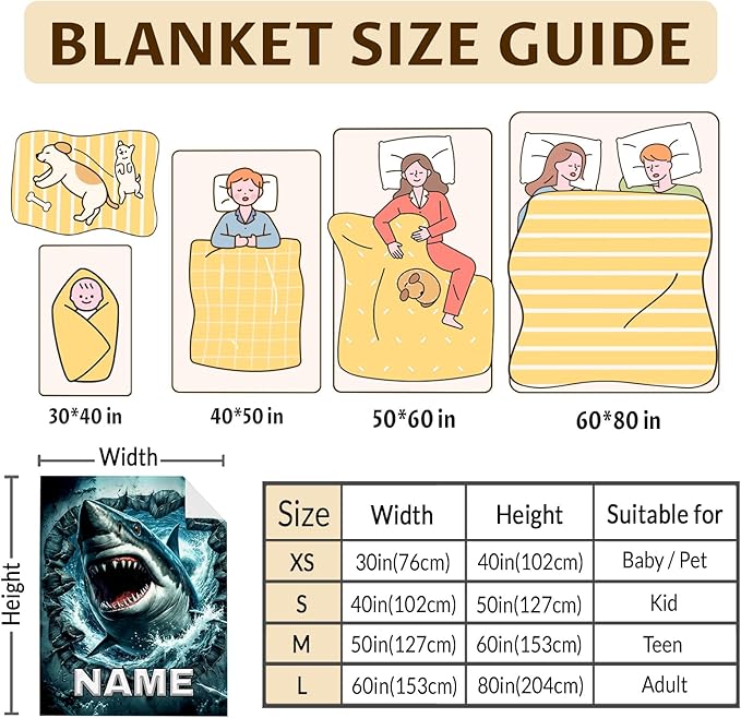 Shark Blanket for Boys Personalized Kids Throw Blankets Gifts for Teens Shark Lovers - Soft Lightweight Cozy Custom Stuff Throw 4 Sizes for Sofa Chair Bed Office Home Decor All Seasons