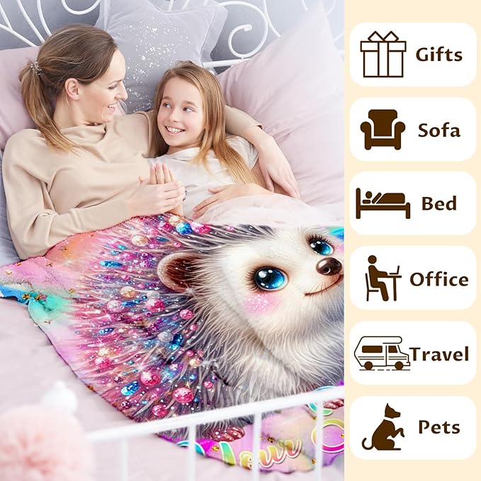 Personalized Blanket for Girls, Hedgehog Throw Blanket Gift for Kids Teens, 80"x60" Custom Name Blankets for Couch Sofa Bed Bedroom Decor Travel