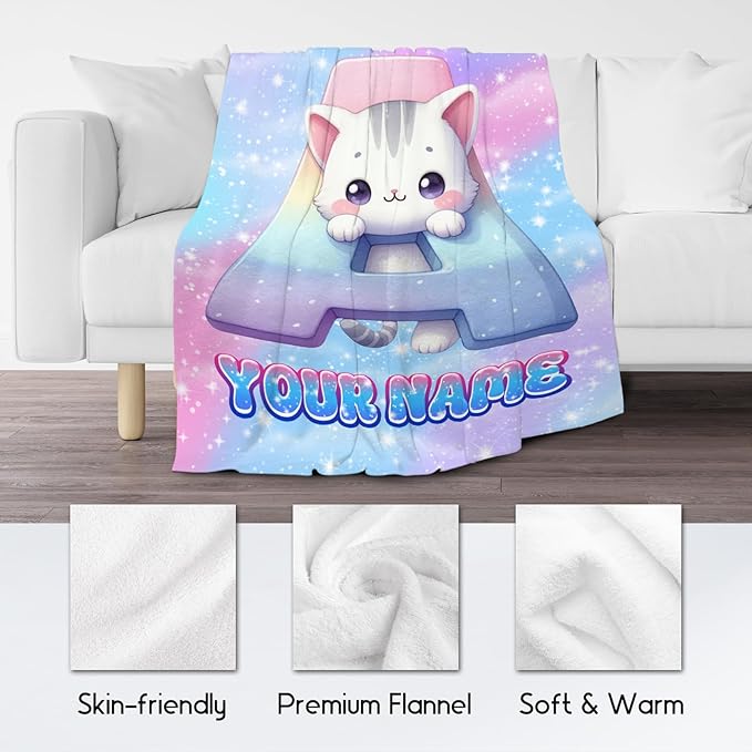 Girls Blanket - Personalized Cat Blankets with Name for Kids - Custom Monogram Gifts for Daughter - Plush Cozy Flannel Throws - 4 Sizes for Toddler/Children/Teens/Adults