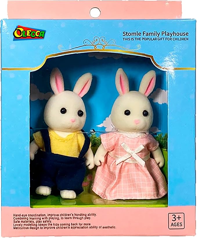 Family Cream Rabbit Figures — Set of 2 Collectible Flocked Mini Dolls with Removable Clothes, Miniature Dollhouse Pretend Play Figures for Kids Ages 3+
