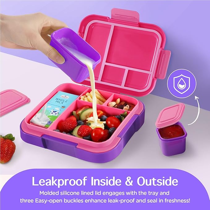 Caperci Bento Lunch Box for Kids - Large 4.8 Cups Lunch Container with 2 Modular Containers - 4 Compartments, Leak-Proof, Portable Handle, Microwave/Dishwasher Safe (Fuchsia/Purple)