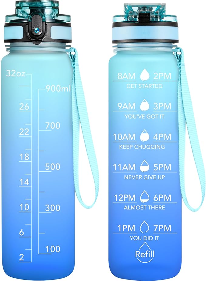 OLDLEY Water Bottle, 32oz Motivational Sports Water Bottle with Time Marker - Times to Drink - Tritan, BPA Free, Wide Mouth Leakproof, Sky (1 Bottle)