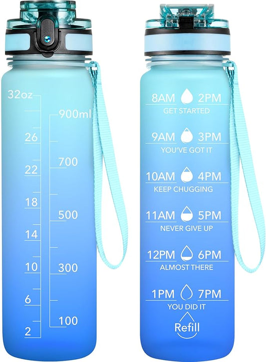 OLDLEY Water Bottle, 32oz Motivational Sports Water Bottle with Time Marker - Times to Drink - Tritan, BPA Free, Wide Mouth Leakproof, Sky (1 Bottle)