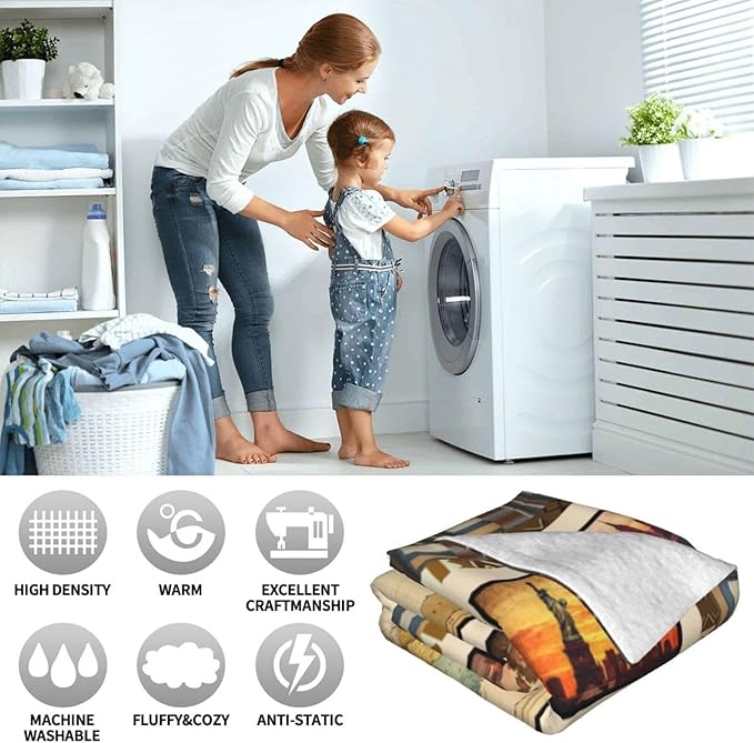 World Map Throw Blanket Ultra Soft Cityscape Flannel Blanket Lightweight Cozy Print Blankets Gift for Women and Men Couch Sofa Bed 80" x 60"