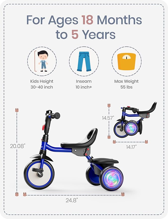 besrey Kids Tricycle with Flash Wheels for Ages 18 Months to 5 Years, Toddler Tricycle with Bell, Kids Tricycle, Gift for 2-5 Year Olds, Gift and Toy for Boys and Girls, Tricycle for Toddlers, Blue