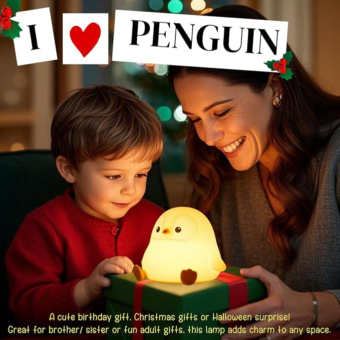Penguin Night Light for Kids, Squishy Rechargeable Penguin Lamp, Cute White Elephant Christmas Gifts, Dimmable Touch Penguins Nightlight, Boy Girl Baby Nursery Room College Animal Décor