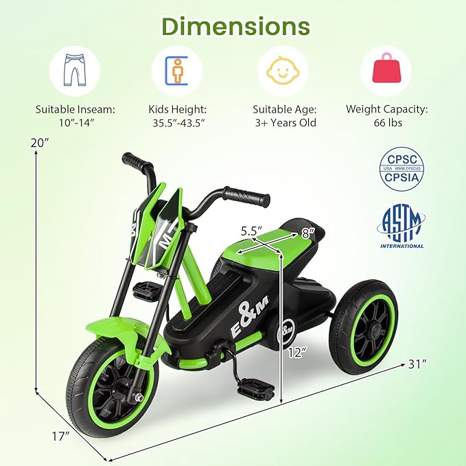BABY JOY Kids Tricycle, 3-Wheel Toddler Bike with Foot Pedals, Forward/Backward, Toddler Tricycle Ride on Trike with Steering Handlebars, Toy Gift for Boys Girls Aged 3+ (Green)