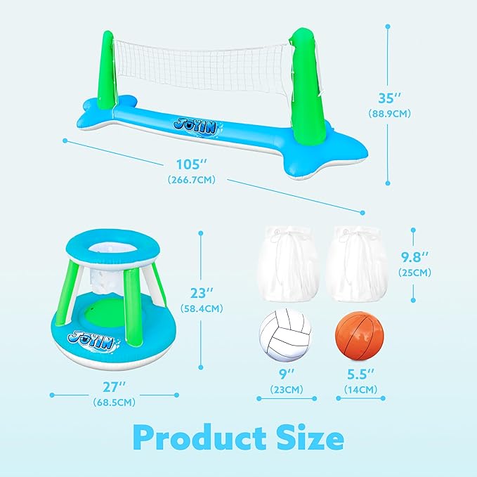 JOYIN Inflatable Volleyball Net & Basketball Hoops Pool Float Set; Balls Included for Kids and Adults, Summer Pool Game, Floaties, Volleyball Court (105”x28”x38”) Basketball (27.6”x23”),Green,Blue