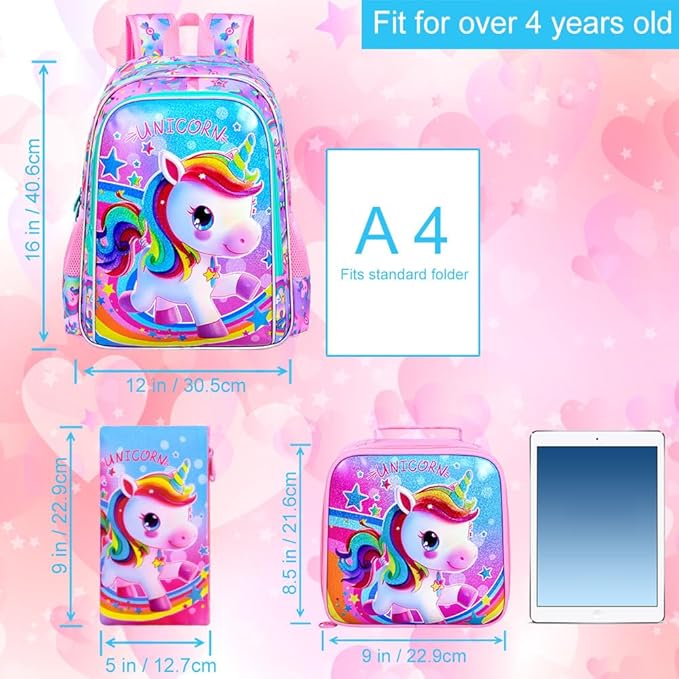 CCJPX 3PCS Kids Backpack for Girls, 16”Unicorn Preschool Bookbag Set, Cute Water Resistant School Bag for Elementary Kindergarten Toddler