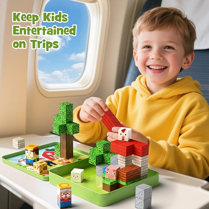 49 Pcs Farm Animals Magnetic Building Blocks Set for Toddlers 3-5, Travel Toys with Iron Storage Box, Magnetic Tiles & Cubes for Kids Ages 4-8, STEM Learning, Portable Play Base for Car Plane Trips