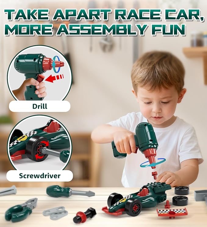 Lehoo Castle Kids Tool Set with Electric Drill & Take Apart Race Car, Construction Toys for Boys 3 4 5 Year Old, STEM Learning Toys for Ages 3+ with Storage Box, Birthday for Toddlers