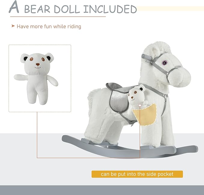 Qaba Kids Plush Ride-On Rocking Horse with Bear Toy, Children Chair with Soft Plush Toy & Fun Realistic Sounds, White