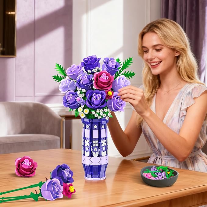 Purple Roses Flowers Building Set with Vase & LED Light, 17 Mini Flowers Bouquet Building Blocks Toy, Artificial Flowers for Home Office Decor & Display, Gifts for Adults Women Kids Girls 12+
