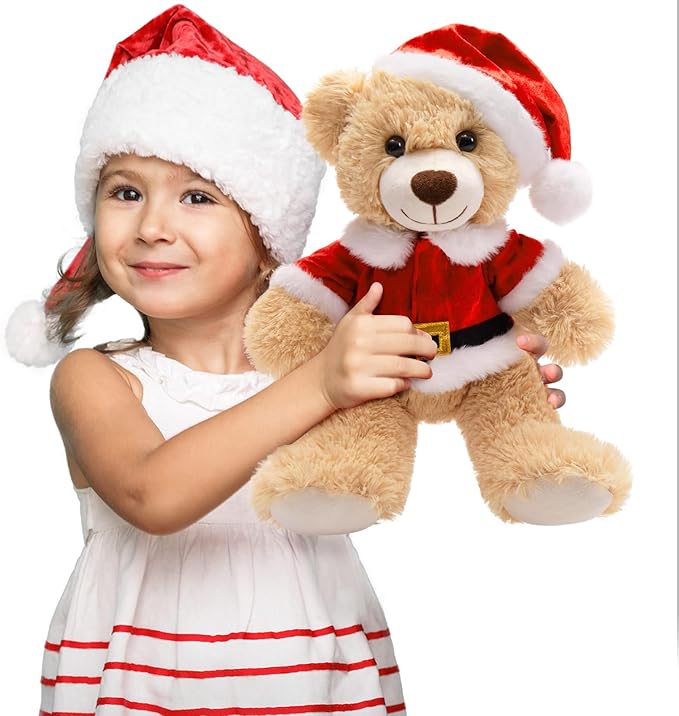 MaoGoLan 14 inch Christmas Teddy Bear Stuffed Animal Plush Bear with Classic Outfits - Removable 8'' Santa Coat & Hat Suitable for Most Small Plush Toys - Christmas Decorations & Gifts, 1 Pack