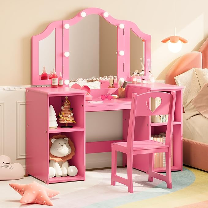 Kids Vanity with Lights,Princess Makeup Desk and Chair with Tri-Fold Mirror,Open Bookshelf, Storage Cabinet,Toddler Vanity,Pretend Play Dressing Table for Little Girls,Pink