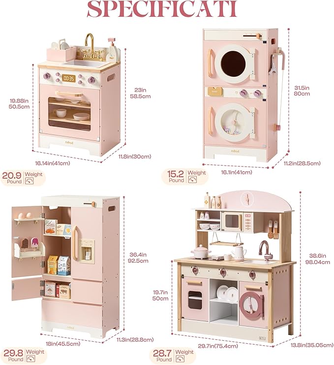 ROBUD Wooden Play Kitchen, Kids Kitchen Playset, Toy Kitchen Set with Fridge, Washing Machine, Dishwasher Toddlers Kitchen Playset Gift for Boys & Girls, Age 3+ (Pink)