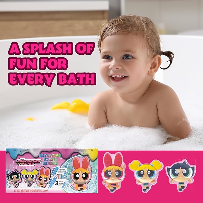 The Powerpuff Girls Bath Bombs for Kids, Fun Bright Rainbow Colors, Peach Scented for Kids, Ages 3+, by Townley Girl