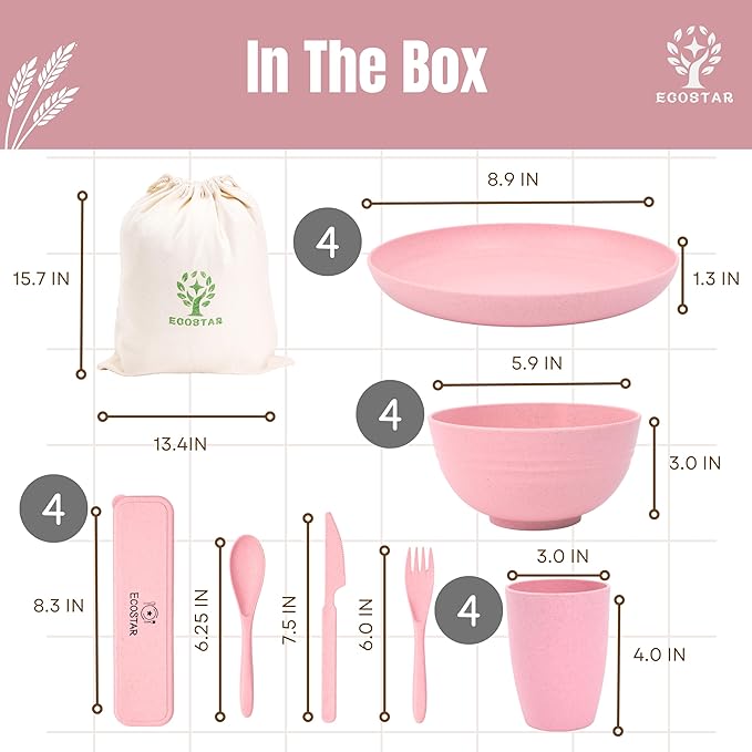 ECOSTAR Wheat Straw Dinnerware Sets Unbreakable Plates Bowls and Cups Reusable Utensils Dishwasher Microwave Safe Bowls and Plates Sets (Pink)