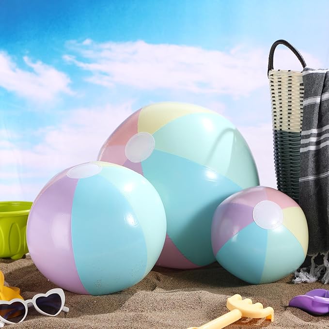 24 Pcs Inflatable Beach Balls Bulk Pastel Color Jumbo Big Macaron Beach Balls for Adults Summer Swimming Pool Water Games Party Favor(16,12,8 Inch)