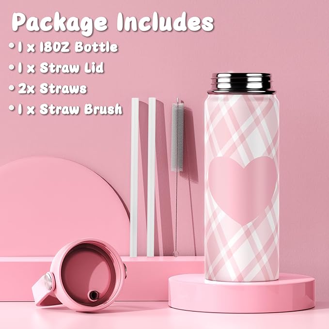 18oz Kids Insulated Water Bottle with Straw Lid - 18/8 Stainless Steel Kid Cup Travel Tumbler Double Wall Vacuum Leak Proof Portable Toddler Water Bottle (Plaid Pink+Green）