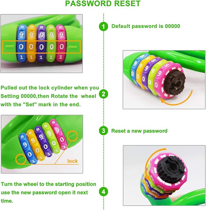 Bike Lock Cable - 4 Feet Resettable Cable Lock - Self Coiling 5 Digit Combination Bicycle Lock (Green)
