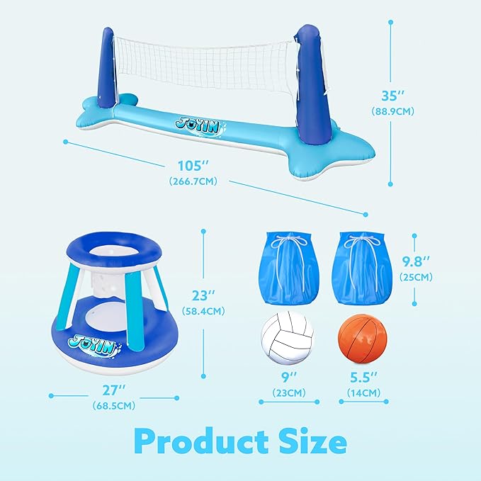 JOYIN Inflatable Volleyball Net & Basketball Hoops Pool Float Set; Balls Included for Kids/Adults, Summing Pool Game, Floating, Summer Floaties, Volleyball Court |Basketball,L-Dark Blue