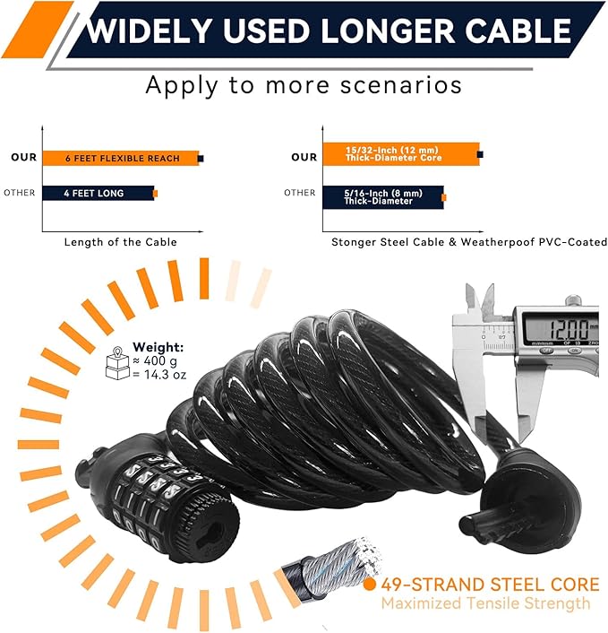 SEPOX® 4Pcs Pack 6FT Extra Long Cable Combination Bike Locks, 4 Digits Retractable Security Lock, 12mm Heavy Duty Anti-Theft Cable for Bicycle, Scooter, Gate, Outdoor Equipment, Weatherproof-Rustproof
