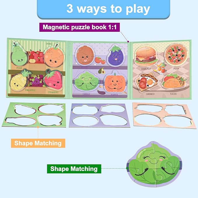 ASTARON 3D Magnetic Puzzle with 80 Puffy Stickers for Toddlers, 42 Pieces 3-in-1 Food Puzzles Preschool Education Learning Travel Toys Car Plane Activities for Kids Road Trip Birthday Gifts