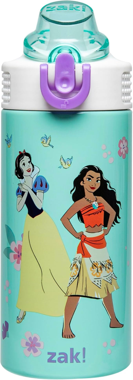 Zak Designs Disney Princess Kids Water Bottle For School or Travel, 14oz Stainless Steel Water Bottle With Straw, Handle, and Leak-Proof, Pop-Up Spout Cover (Ariel, Moana, Snow White, Tiana)