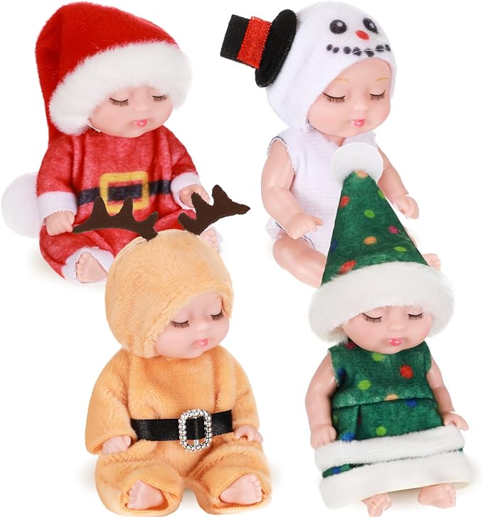 Hanaive 4 Pcs 4 Inch Mini Baby Dolls Lifelike Realistic Baby Dolls Animal Clothes Cute Baby Valentine Tiny Babies Gifts Set for Girls Boys Toddlers Kids 3+ Birthday Baby Shower Favors (Santa Style)