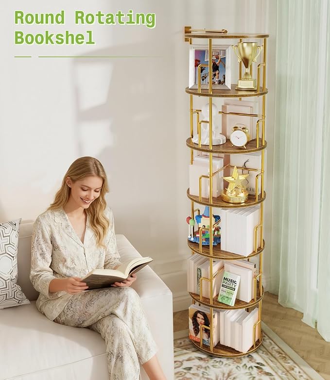 6 Tier Rotating Bookshelf Tower Round,74” Tall Spinning Bookshelf Tower Anti-Tipping Design,Metal & Wood Standing Revolving Bookcase Stackable Space Saving for Small Spaces,Study,Living Room,Bedroom